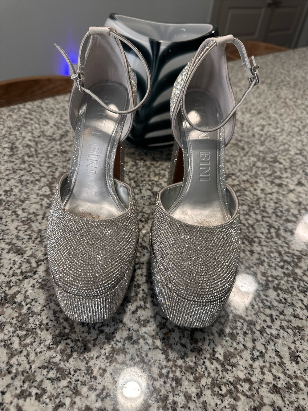 Gianni Bini Silver Crystal-Embellished Platform Ankle-Strap Pumps